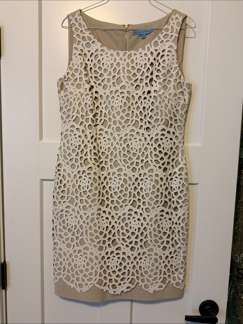 ANTONIO MELANI Beige Dress with Leather White Laser-Cut Overlay